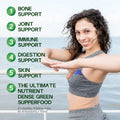 Woman exercising outdoors with health benefits listed on a green background