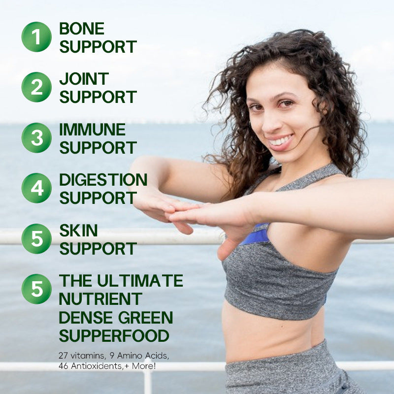Woman exercising outdoors with health benefits listed on a green background