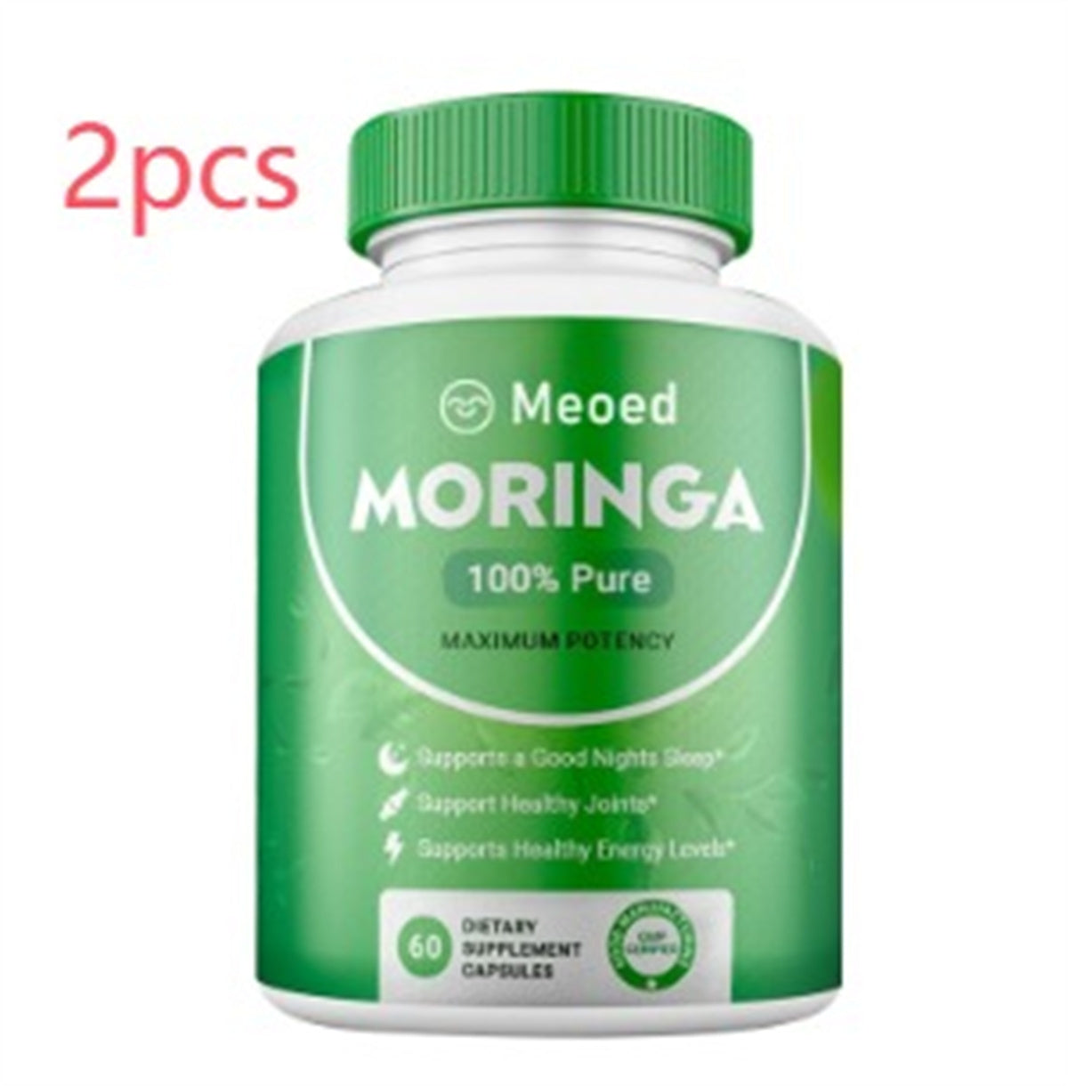Moringa supplement bottle with green cap and label on a white background