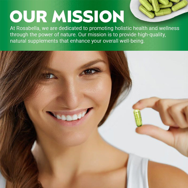 Woman holding a green supplement capsule with Rosabella mission statement above
