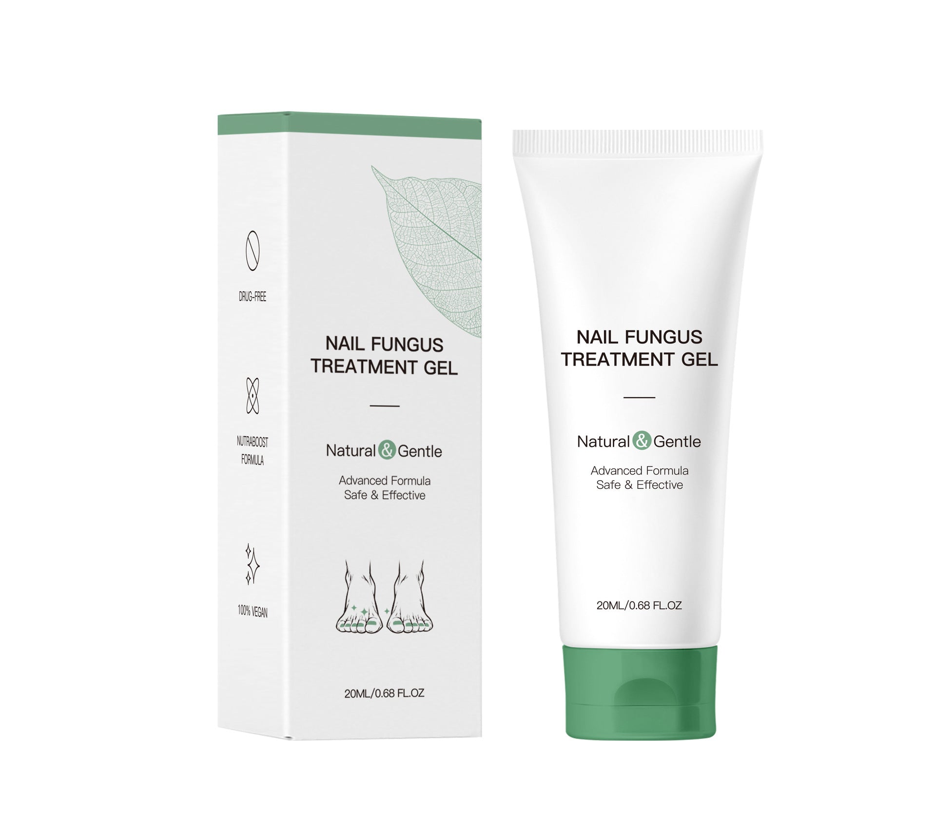 Nail fungus treatment gel packaging with tube and box on a white background
