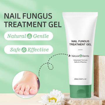 Nail fungus treatment gel with a green background and foot image.
