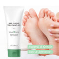 Nail fungus treatment gel with a close-up of feet and text 'Natural & Gentle Safe & Effective'.