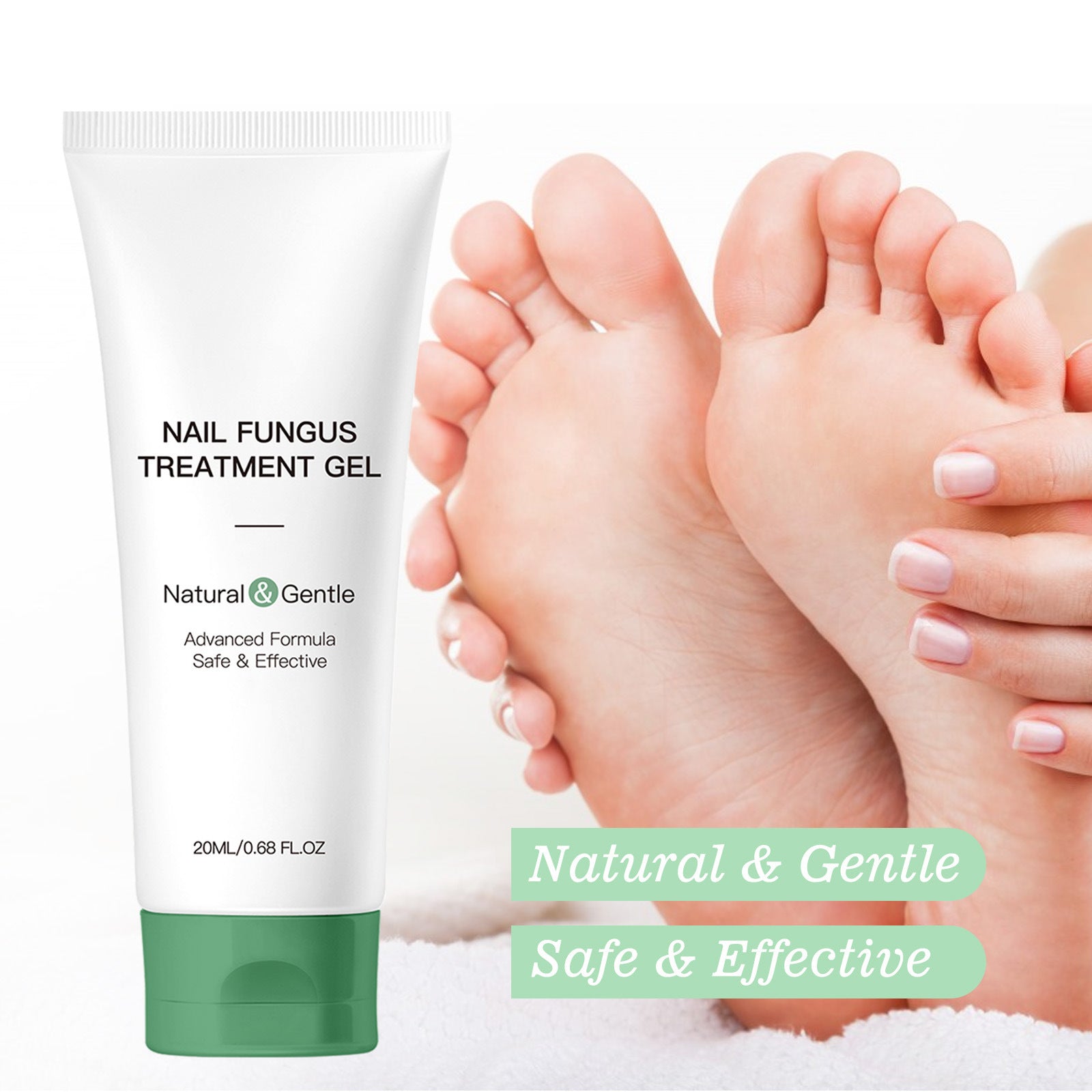 Nail fungus treatment gel with a close-up of feet and text 'Natural & Gentle Safe & Effective'.