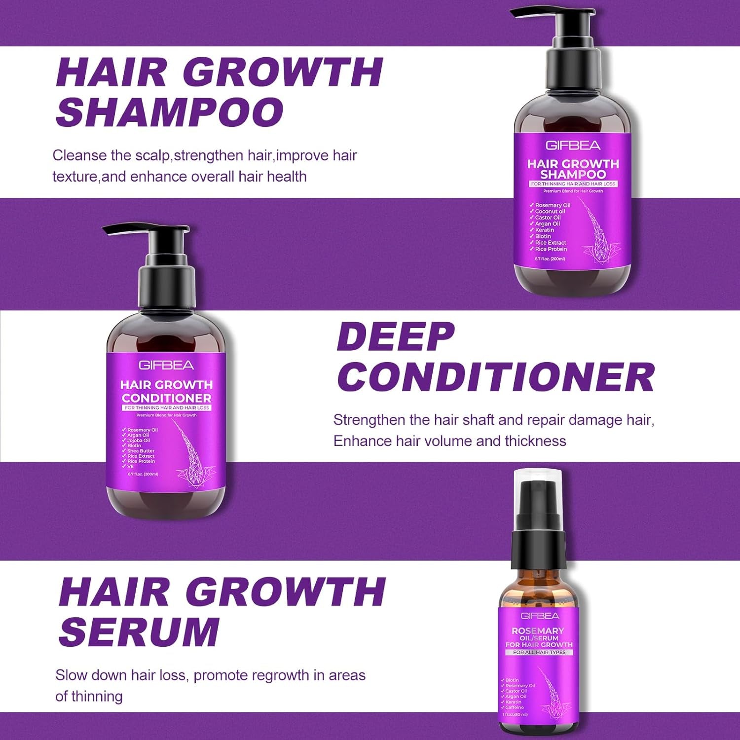 Hair Growth Shampoo and Conditioner Set with Rosemary Oil Serum,  Hair Loss Treatment, Thickening for Women and Men