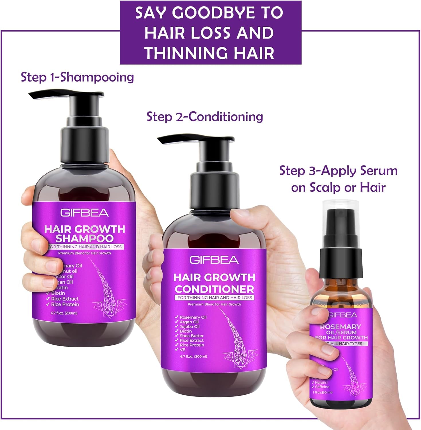 Hair Growth Shampoo and Conditioner Set with Rosemary Oil Serum,  Hair Loss Treatment, Thickening for Women and Men