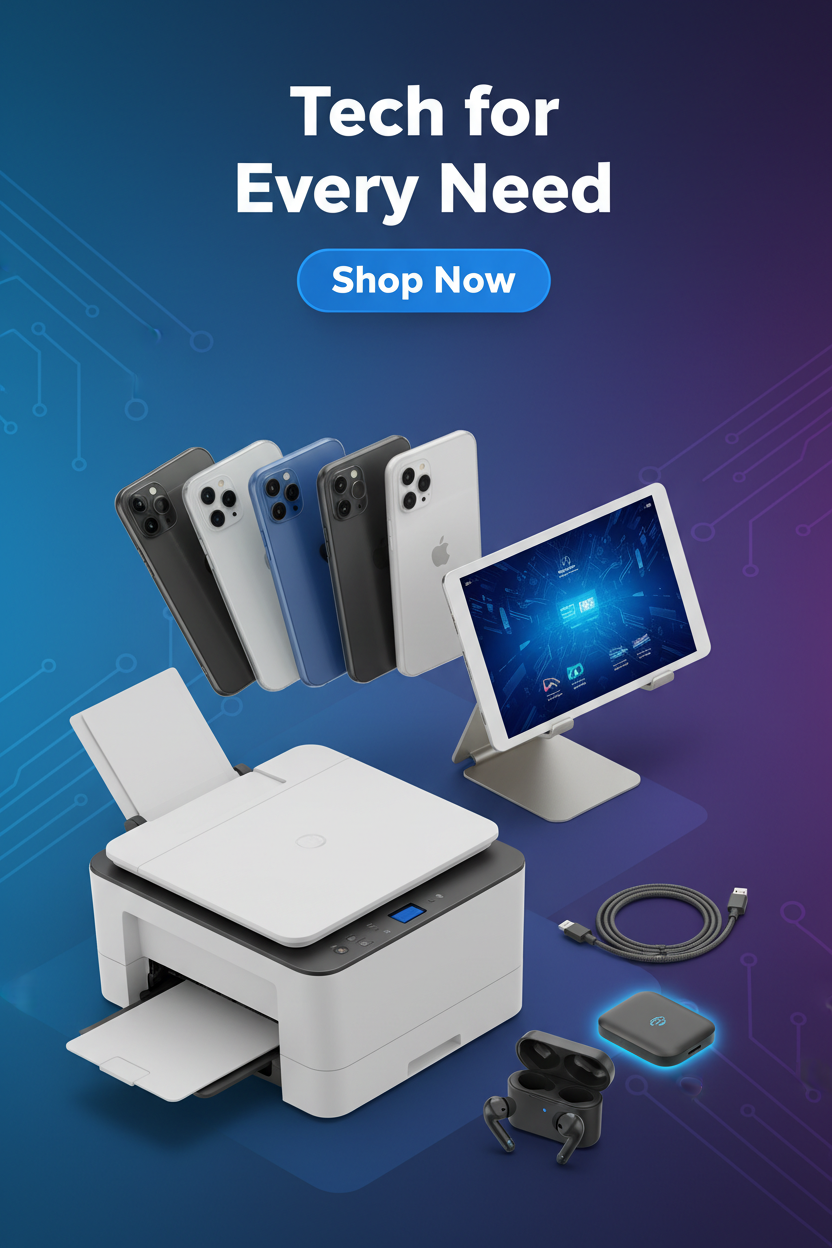 Create a mobile banner featuring printer, tablet holder, and smartphone accessories. Text: 'Tech for Every Need' and Shop Now."