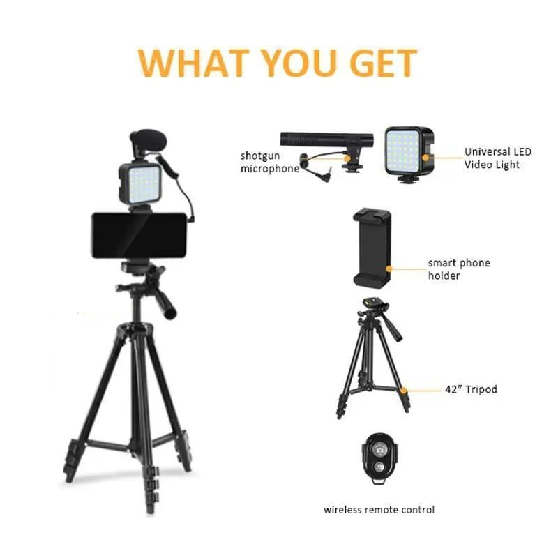 Vlog Shooting Kit for Iphone, Camera & Cell Phone Vlogging Kit with LED Lights, Selfie Stick Tripod & Selfie Light & Phone Clip with Microphone for Cell Phone Vlogging