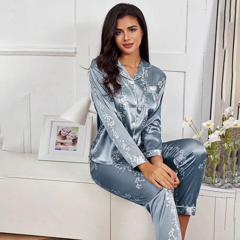 Pajamas Set Long Sleeve Sleepwear Women Button down Nightwear Pj Sets Print Shirt with Trouser Loungewear Female Pyjamas Suits - Prime Choice